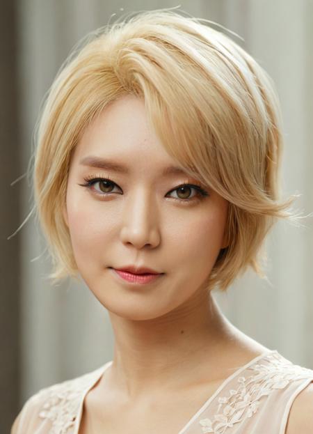 a beautiful picture of ch04xlv2,blonde,short hair, detailed skin texture,masterpiece, face focus, photorealistic, woman, 4k, HDR, backlighting, bloom, light, RAW color photo,(fully in frame:1.1), (blush:0.5), (goosebumps:0.5), wearing a blouse, asian. happy, idol  <lora:ch04xlv2:1>