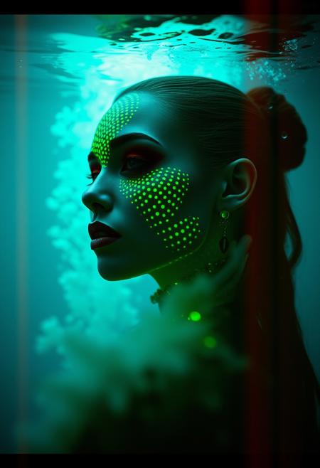 By Eric Lacombe By Patrice Murciano Frostpunk Fashion Photography, underwater environment, minimalism, smoked eye shadow, illuminated green-blue bulging biomorphic dot pattern, underwater landscape, volumetric particle dust, vivid color, misty aether houte - couture rococo metal  clothing, holga medium format camera, etherial lighting, backlighting, in the style of. . ., professional ominous concept art, by artgerm and greg rutkowski, an intricate, elegant, highly detailed digital painting, concept art, smooth, sharp focus, illustration, in the style of simon stalenhag, wayne barlowe, and igor kieryluk.