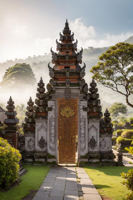 landscape, baligapura gate, stone statue, wall stone, village, detailed, ornament, bali, tree, grass, flower, frangipani flower tree, epic, dawn, fog, dramatic lighting, dim light, bokeh, <lora:ARWBaliGapura:1>  <lora:epi_noiseoffset2:0.4> advntr