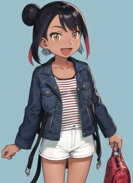 <lora:tomas21:1> 1girl, solo, smile, open mouth, simple background, shirt, black hair, gloves, holding, jewelry, jacket, :d, pantyhose, multicolored hair, earrings, green hair, open clothes, shorts, striped, dark skin, fingerless gloves, bag, hair bun, open jacket, dark-skinned female, streaked hair, orange eyes, blue jacket, yellow background, single glove, freckles, poke ball, striped shirt, shoulder bag, poke ball (basic), holding poke ball, green shorts, denim jacket