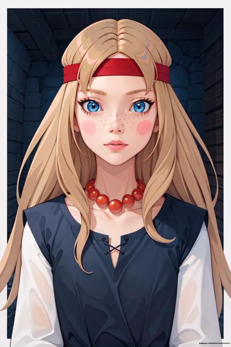 alyonushka, 1girl, solo, long hair, blue eyes, blonde hair, jewelry, necklace, red headband, parody, blush stickers, freckles, symmetrical face, vivid colors, dreamy, kawaii, studio lighting, manga, bright colors, beautiful, 28mm lens,alphonse mucha, vibrant high contrast, gradation, jean giraud, moebius, fantasy, rule of thirds, unreal engine, fibonacci, intricate, cel shaded, blender npr, flat, matte print, smooth, Ilya Kuvshinov<lora:alyonushkNEW:0.55>
 <lora:LowRA:0.3>