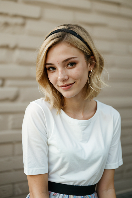 RachelYampolsky, apron, dress, capelet, sparkle, skirt, petite, focus, looking at viewer, leaning, sitting, pose, straight hair, looking at viewer, solo, beautiful face, (bright blond hair:1.5), short hair, white headband, (dynamic angle:1.2), cute smile, smirk, makeup, (best quality:1.2), absurdres, (masterpiece, best quality, 8k:1.2), absurdres, face focus, bloom, accent lighting, film grain, simple background, (blurry background:1.8), (bokeh:1.3)