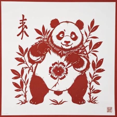 The image is of a traditional Chinese paper-cut art piece, primarily in shades of red and white. The artwork showcases a playful panda as its central figure, depicted with remarkable precision and artistry. The panda's features are carefully cut, showing its distinctive black and white fur, expressive eyes, and a contented, serene expression. Surrounding the panda are delicate bamboo shoots and leaves, adding to the natural and serene ambiance. The contrast between the vivid red and the pristine white of the paper accentuates the panda's charming presence, making it a striking and memorable representation of this beloved symbol of Chinese culture, <lora:cn_paper_cut:0.8>