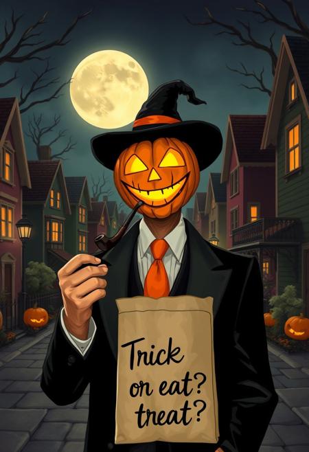 Halloween time, common streets, beautiful houses, nigh, big moon,  jackolantern happy, gentle smile, elegant suit, orange tie, smoking a pipe, a small,  trick or treat, a paper bag with the text "soul bag" handwrite, cursive font proclaiming "Trick or treat?".