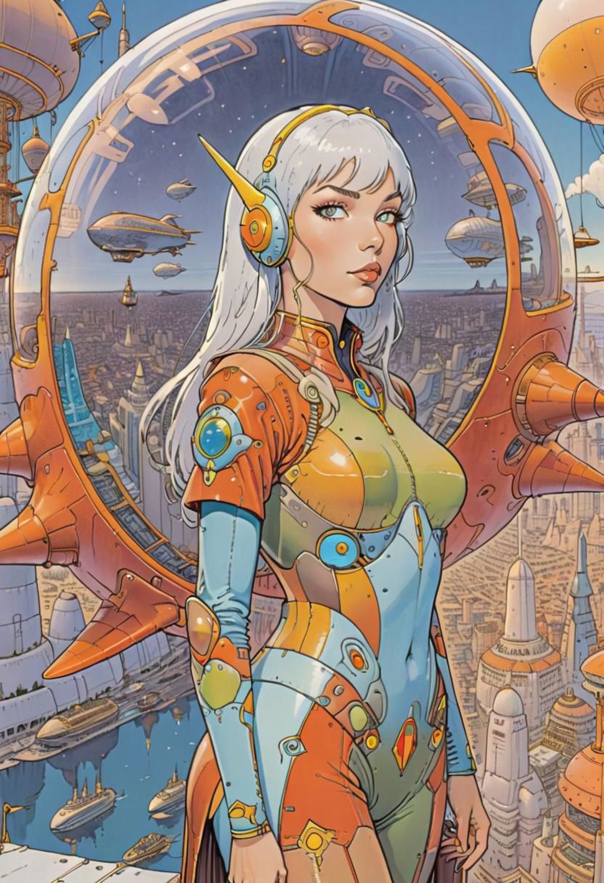A woman in a futuristic orange and blue costume stands in front of a futuristic city.