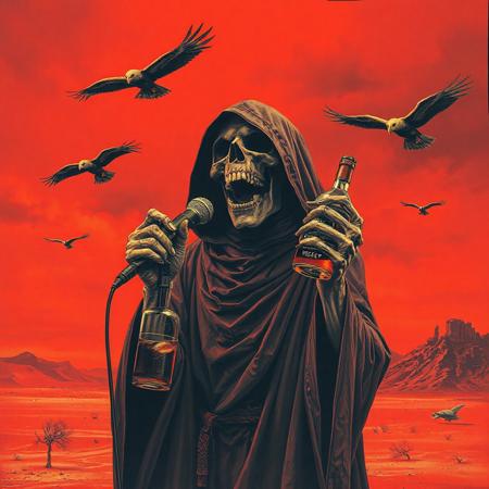 Dark art depicting a cloaked ominous monk from the 70s-style pulp painting, standing in a psychedelic red desert, holding a microphone while screaming agressively into it with a twisted expression on his skeletal face, his jaw is grotesquely wide open, in his bony hand he holds a half-full whiskey bottle The sky is red and otherworldy. Vultures circling in the sky. Duotone: Burnt orange and deep plum. Mood: Occult ritual meets 80's crinkled concert poster art style. Grim reaper, doom metal-style, gritty, desert ritual, screamo
