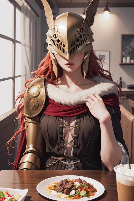 MaleniaDef, armor, cape, helmet, brown dress