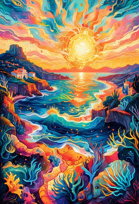 PsychadelicChaos, designed by Rick Amor, Dorothea Sharp and Dan Mumford, landscape of a The Mediterranean Sea stretches out before you, adorned in intricate geometric patterns and vibrant colors. But this is no ordinary seascape - it's made entirely of water that seems to glow in the sunlight. In the distance, a traditional R-style painting of psychadelic creatures can be seen, with swirling shapes and vivid hues. Sun in the sky, bokeh, Cinestill 50, Depth of field 270mm, <lora:Challenge\aidmaPsychadelicChaosWorldMorphXL-V0.1:1.0>