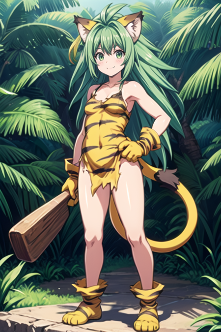 animal ears,gloves,animal hands,tiger print,animal print,tail,green hair,1girl,paw gloves,long hair,cat ears,green eyes,solo,paw shoes,shoes,fang,blush,looking at viewer,small breasts,smile,tiger ears,jungle background,tiger tail,tiger girl,cat tail,bare shoulders,solo focus,torn clothes,jewelry