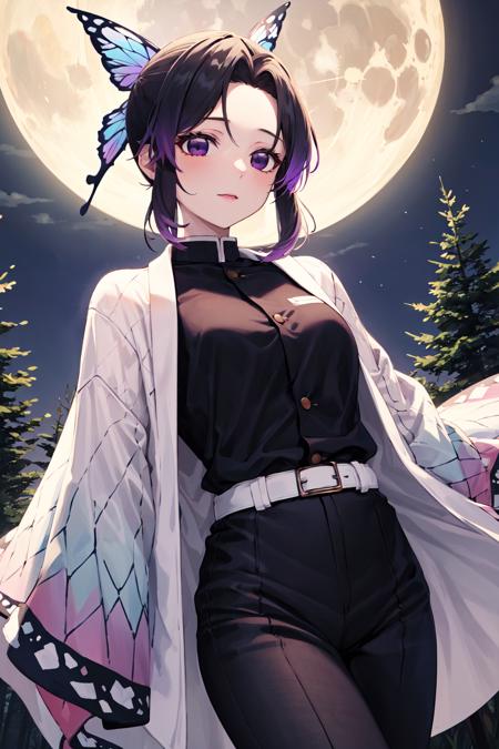 1girl, solo, kochou shinobu, butterfly hair ornament, purple eyes, multicolored hair, short hair, parted bangs, haori, wide sleeves, long sleeves, black pants, black jacket, belt