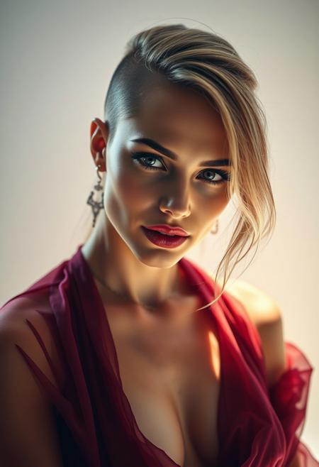 A captivating, cinematic portrait of a rebellious beauty. A 35-year-old Caucasian woman, her asymmetrical haircut - one side shaved, the other cascading in long, flowing waves - frames her alluring face. Soft, natural light illuminates her features, casting delicate shadows that accentuate her high cheekbones and sultry eyes. Her eyes, smoldering with desire, are framed by dramatic, kohl-rimmed eyeliner and long, feathery lashes. Her lips, painted a deep, seductive red, curve into a knowing smile. Her skin, flawless and radiant, is adorned with a touch of bronzer and highlighter.
She’s draped in a sheer, flowing garment that reveals glimpses of her toned physique. The garment, a rich, deep color, contrasts with the stark white background, drawing attention to her form. A delicate, yet edgy piece of jewelry, perhaps a silver choker or a long, dangling earring, adds a touch of rebellion to her sensual look.
The overall mood of the image is both alluring and intimidating, reflecting the complex nature of this enigmatic woman.