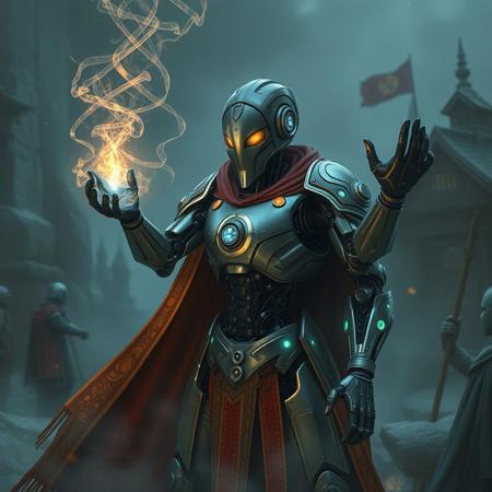 a high-tech robot in a medieval world conjuring a spell