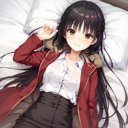 solo, Natsume, black hair, yellow eyes, mole under eye, long hair, hair flower, hair ribbon, hairclip, dress shirt, high-waist skirt, fur-trimmed coat, lying on bed, from above, blush, light smile