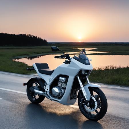 sci-fi motorcycle on  a country road, at sunset
 <lora:muji_v1.0_XL:1>, By MUJI