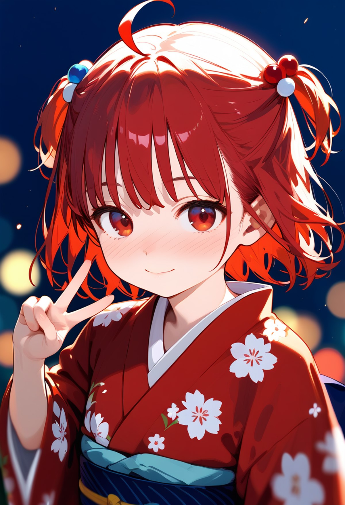 source_anime, score_9, score_8_up,
1girl, solo, red eyes, japanese clothes, ahoge, kimono, looking at viewer, red kimono, ...