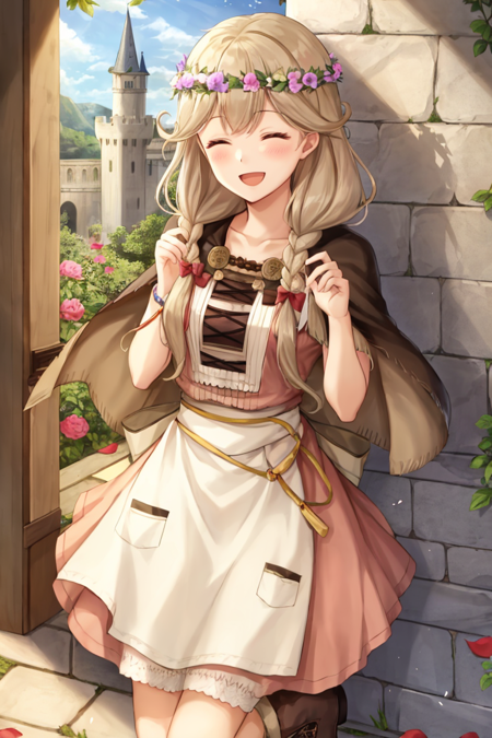 faye fe, 1girl, solo, long hair, smile, open mouth, dress, bow, closed eyes, braid, flower, hair bow, boots, cape, apron, bracelet, petals, own hands together, head wreath, wreath, smile, indoors, stone wall, castle  <lora:Faye_FE-10:0.9>