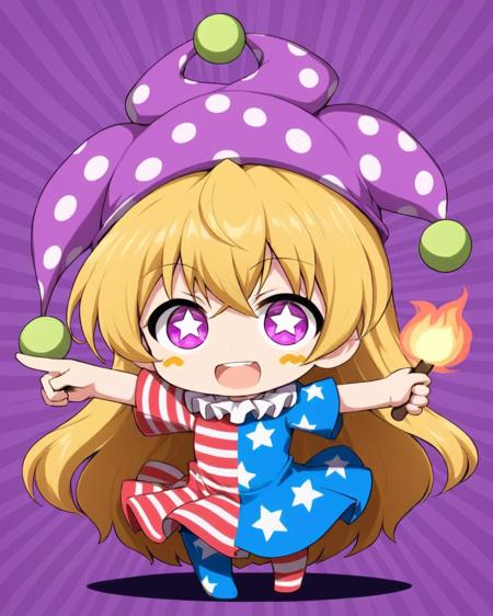 clownpiece,1girl, solo, jester_cap, star_\(symbol\), open_mouth, american_flag_dress, american_flag_legwear, neck_ruff, polka_dot, chibi, purple_background, star_print, short_sleeves, looking_at_viewer, striped_pantyhose, dress, torch, full_body, arm_up, index_finger_raised, striped_background, pointing, :d, teeth, character_name, star-shaped_pupils, v-shaped_eyebrows, english_text
<lora:clownpiece_image6545_2023-12-20:1>,star-shaped_pupils,symbol-shaped_pupils,. gorgeous,key visual, vibrant, studio anime,award-winning, professional, highly detailed,high budget, cinemascope