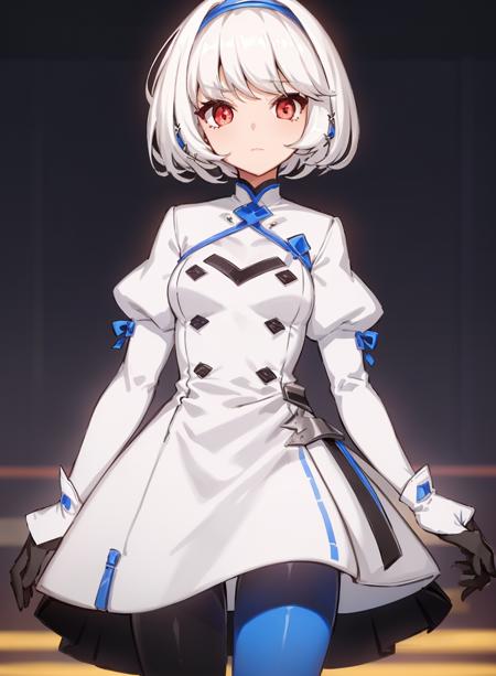 1girl,white hair, red eyes, short hair, white and blue dress, long sleeves, puffy sleeves, gloves, semi realistic, blue leggings,