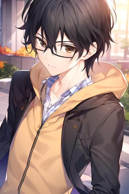 masterpiece, best quality, game cg, 1boy, solo, male focus, looking at viewer, , depth of field, <lora:momo_sakaki:0.70>, momo_sakaki, black hair, brown eyes, hair between eyes, glasses, scarecrow costume, ,