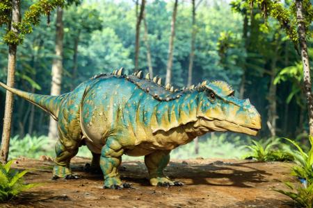 (masterpiece, best quality:1.2), ultra-detailed, Blue and yellow jungle dinosaur tricerasauruss, (realistic:1.5), <lora:EdobDinosaurs_v1.0:1>