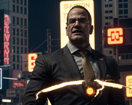 1boy,solo,an angry senatorarmstrong yelling at the veiwer while explosions occur in the background,glasses,suit,pants,tie,muscular male,raw photo,glowing eyes,cybernetic eye implants,cinematic shot,8k,realistic,neon lights,futuristic,hyper-realistic,skindentation,angry,yelling,glowing red eyes,upper body,futuristic city,chiseled jawline,real life vaporwave, <lora:senatorarmstrong:0.9>, sfw,beautiful, masterpiece, best quality,absurderes,octane render