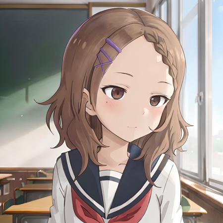 houjou_takagisan,  <lora:houjou_takagisan_v2:0.7> school uniform, classroom,  hairclip, brown_eyes, masterpiece, best quality