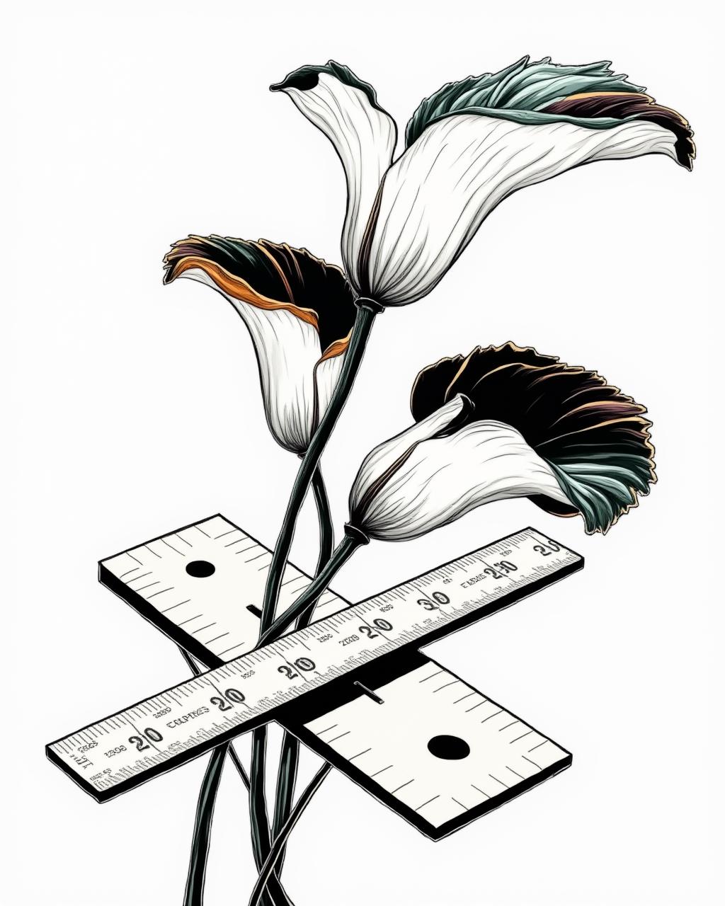 Dark Moody Atmosphere, line art drawing black and white with vibrant terra-rosa,permanent-madder,green-gold accents, sharp lines, high contrast, complimentary color theme, three open white lilies with curved stems, the lilies intertwine with an oversized right-angle two-piece beige carpenter square tool with imperial measurement markings, 2D flat illustration, optical illusion, in memoriam simplistic artwork, somber solumn theme, in the style of M.C. Escher, line art, bright white background . professional, sleek, modern, minimalist, graphic, line art, vector graphics, dramatic, mysterious, dark moody atmosphere