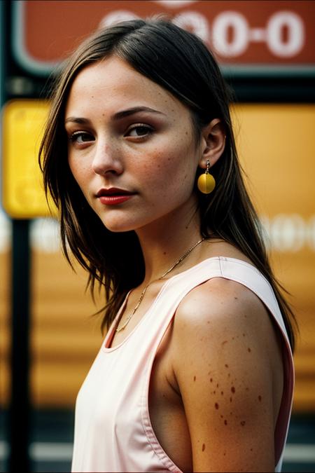 photo of (br1ana3v1gan-135:0.99), a beautiful woman, perfect hair, (modern photo, Coral Pink short jumpsuit), closeup portrait, 85mm, (analog, cinematic, film grain:1.3), (plain Road Sign Yellow background:1.2), detailed eyes, (seductive), (epicPhoto), (looking at viewer), earrings, painted lips, (cinematic shot:1.3)