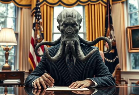 president cthulu in a sharp pin striped suit posing for presidential portrait in the oval office, real photograph, signing bill, empty eyes, lovecraftian, vote for cthulu photorealistic, correct hands