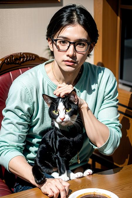 handsome cute men,  glasses , cat cafe, <lora:EMS-58338-EMS:0.800000>