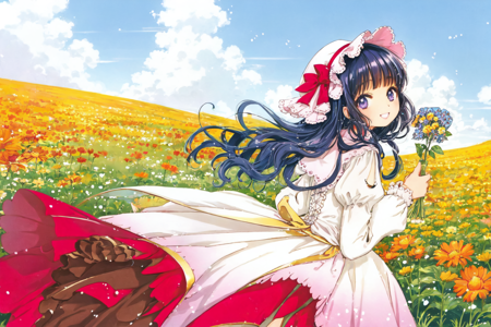 best quality, masterpiece, extremely detailed, detailed background, 1girl, dress, flower, solo, long hair, day, sky, blue hair, smile, long sleeves, yellow flower, cloud, bangs, outdoors, holding, bonnet, looking at viewer, field, purple eyes, blue sky, pink dress, flower field, blunt bangs, holding flower, looking back, arm up, blue eyes, white dress, frills, wavy hair