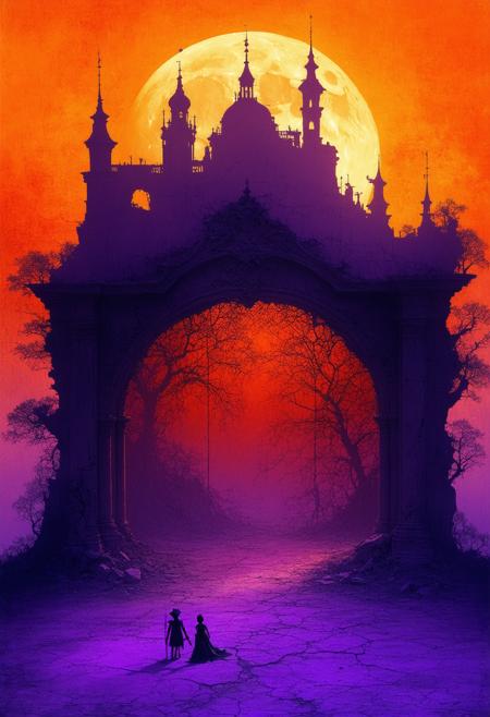 A colossal, antique shadow puppet theater, silhouetted against a vibrant, otherworldly sunset. Moonlight spills through cracks in the structure, creating intricate patterns on the stage. A single, antique puppet lies discarded on the ground. Style of Jan Svankmajer meets Alphonse Mucha, blending stop-motion animation aesthetics with Art Nouveau elegance. Predominantly deep oranges and purples, with highlights of silver from the moonlight. Hyperrealistic texture, volumetric lighting, cinematic composition, sense of whimsical storytelling and fading magic.