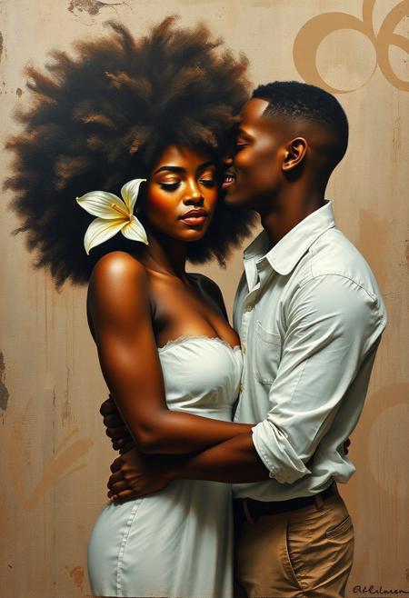 ultra realistic photo,Create a textured, expressive painting of an African American couple in an intimate, symbolic scene. the woman with a large natural afro adorned with a white lily, has closed eyes and the man, with close cut hair, leans in to whisper something in her ear. the man is wearing a white shirt and slacks, the woman a what sleeveless dress. set against a worn, layered background in earthy tones, blending abstract textures with hints of graffiti and subtle markings. The style should be richly detailed, capturing the depth of their expressions and the tactile quality of the setting, evoking themes of friendship, mystery, and solidarity.
