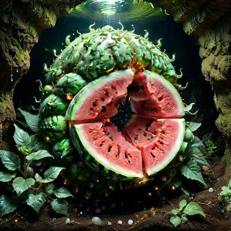 <lora:xl_more_art-full-xl:0.6>, <lora:add-detail-xl:2.0>, famous artwork (by tyler jacobson:1.2), detailed expressive eyes, fantasy style, deep in the crystalline caverns of planet zofflebob v roams a group of four  plant-based life form, the slimy watermelon like oozefruit, shown here as they are emerging from their tunnel lair in the vibrant, gemstone-studded walls of the underground crumbletide, these creatures are covered in crystalline orbshnodder arranged in wondrous hoph fibration bundle patterns, reflecting the iridescent glow of the bioluminescent fungi around it, one should watch out for their dangerous zighty tail, ultra high detail, ultra realistic, 8k