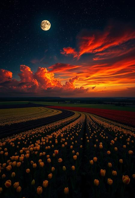 (((Black and gold tulips))), extremely detailed sky, from a high cliff, starry sky, dark night, moon on fire, fields of black and gold tulips, beautiful fields, very bright, vibrant clouds, red clouds, storm coming, 8k wallpaper, romantic, perfect quality, very detailed, beautiful