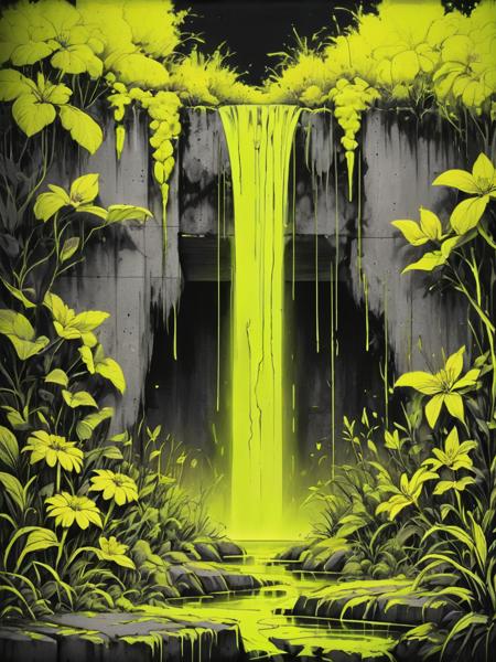 conrtneo, detailed picture drawn in neon yellow ink on a concrete canvas, dark dense lush forest neon flowers concrete grass neon waterfall, wide-angle, bright, ambient occlusion, atmospheric, <lora:- SDXL - conrtneo _neon-concrete _V1.0:.7>