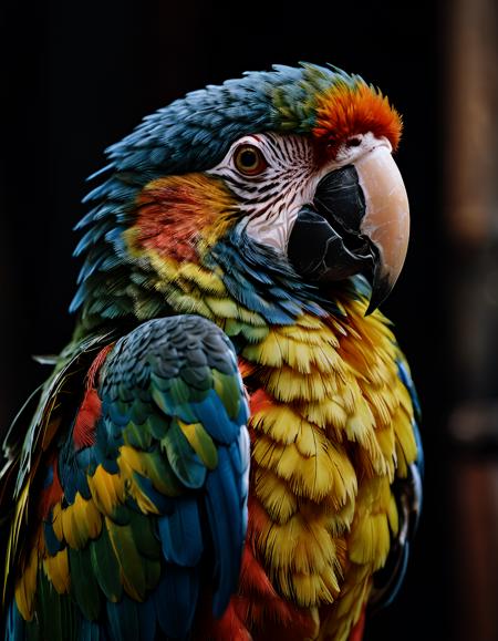 close-up of a parrot with an array of vibrant colors. The parrot's feathers display a stunning mix of blue, green, yellow, and red hues, making it a visually captivating subject. The intricate details of the feathers and the parrot's sharp gaze add to the image's appeal, highlighting the beauty and diversity of avian wildlife