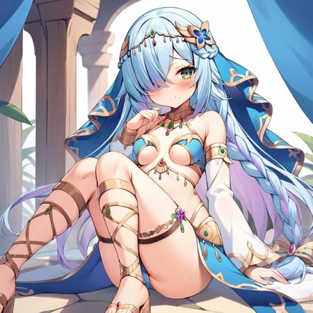 <lora:monakav1-000020:0.5>, monaka, 1girl, blue hair, multicolored hair, long hair, braid, hair over one eye, green eyes, circlet, hair ornament, blue veil, harem outfit, revealing clothes, medium breasts, stomach, bare shoulders, detached sleeves, long sleeves, white sleeves, jewelry, thighlet, gladiator sandals, sitting, m legs, embarrassed, blush