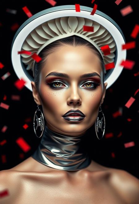 High-Fashion Editorial. Shoot a bold, minimalist portrait with Phase One XF IQ4 and 80mm f/2.8 lens. Use a ring light for even illumination and a honeycomb grid to highlight angular features. Set f/8 for full-face sharpness, ISO 50, 1/125s. Style with metallic makeup and avant-garde headpieces. Freeze motion with a burst of confetti (1/1000s). Post-process with hyper-realistic clarity, boosting saturation on red accents against a matte-black background.