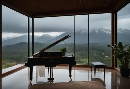 Piano room, piano, piano chair, large glass window, cozy light, evening, rain, pot, plant, outdoor view of the mountains, cloudy clouds, heavy rain, dark