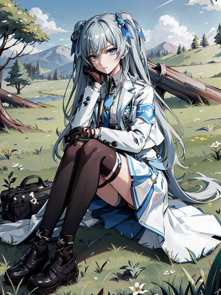 grasslands background, sitting, blanket on grass, grass, trees, flowers, 
elena, blue eyes, long hair, two side up, zettai ryouiki
school uniform, white jacket, white skirt, black thighhighs, black gloves, hair ribbon, black footwear,
 <lyco:GoodHands-vanilla:1>, <lora:Game-EternalReturn-SCPElena:0.8>