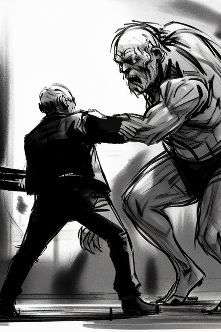 an old man fighting a zombie, greyscale <lora:dan_milligan:0.8>