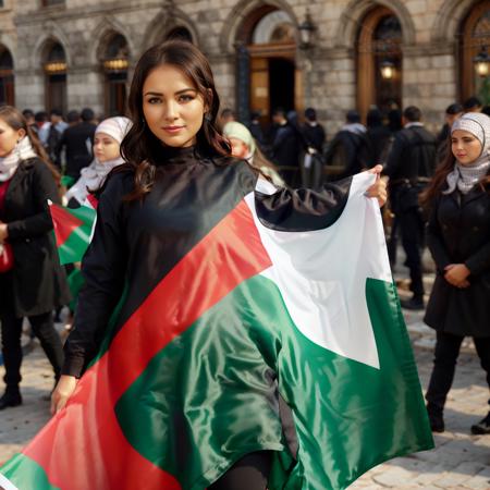 a woman holding Palestine flag,<lora:PalestineFlag03-000008:1>,