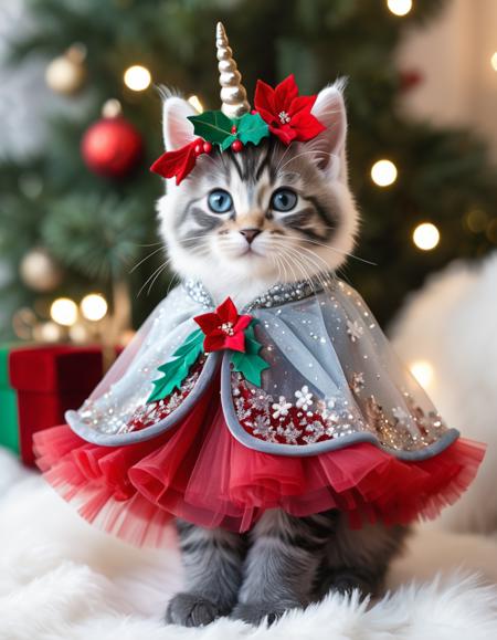 Breathtaking masterpiece, highest quality, pencil sketch A whimsical unicorn kitten dressed in extravagant Christmas couture, featuring a sparkling, multi-colored fur coat that shimmers with iridescent hues. The kitten has a delicate, glittering unicorn horn atop its head, surrounded by a festive floral headdress adorned with holly and poinsettias. Its outfit includes a frilly, layered skirt made from luxurious velvet and tulle, embellished with sequins and tiny snowflakes that catch the light. The paws are adorned with stylish, plush booties, while a shimmering cape drapes elegantly from its shoulders, lined with faux fur and decorated with festive embroidery. The scene is set against a backdrop of twinkling Christmas lights and a cozy winter wonderland, capturing the enchanting spirit of the holiday season.âââ