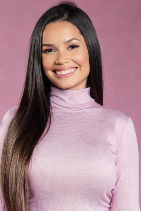 Photo of beautiful jul13tt3 woman, detailed face smiling, (blurred background)+, light purple turtleneck blouse