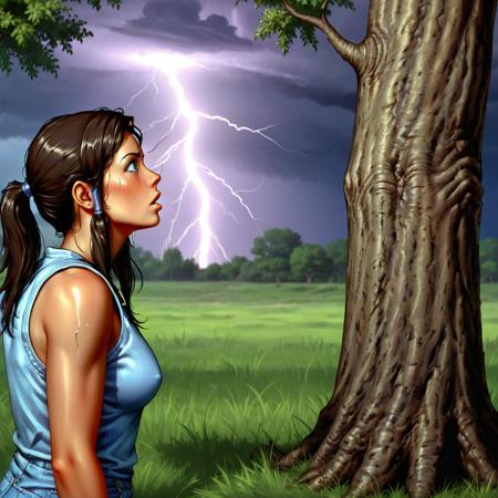 a female looking at lightning strike on a tree