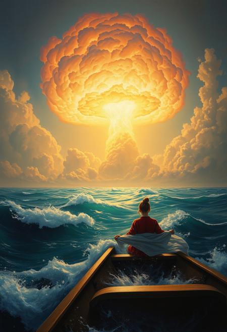 (((Oil painting masterpiece in Aivazovsky style))), ((girl)) , ocean, boat, nuclear blast, total apocalypse, hyper atmospheric, epic