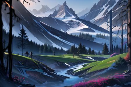 nature, outdoors, mountains, forest, trees, best quality, <lora:bannersaga:0.8>