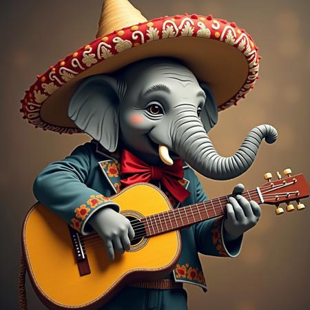 a elephant wearing a sombrero is playing guitar