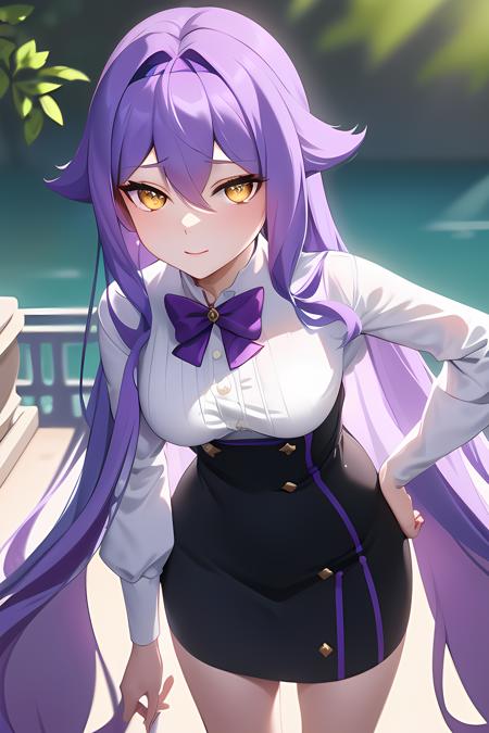 ((masterpiece, best quality)),1girl,outdoors, sirin,long_hair, long_sleeves, looking_at_viewer, pencil_skirt, purple_bow, purple_hair, skirt, solo, thigh_strap,black_skirt, very_long_hair,cowboy_shot, white_shirt, yellow_eyes,,,,,,, ,extremely detailed CG unity 8k wallpaper, perfect lighting,Colorful, Bright_Front_face_Lighting,White skin, (masterpiece:1.0),(best_quality:1.0), ultra high res,4K,ultra-detailed, photography, 8K, HDR, highres, absurdres:1.2, Kodak portra 400, film grain, blurry background, bokeh:1.2, lens flare, vibrant_color,professional photograph,(Beautiful medium_Breasts), (beautiful_face:1),(narrow_waist),Beautiful Finger,Beautiful long legs,Beautiful body,Beautiful Nose,Beautiful character design, perfect face,perfect balance,